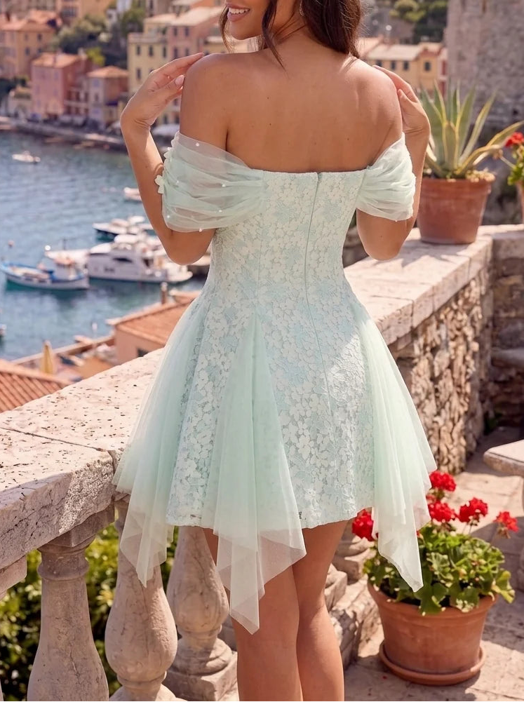 A-Line/Princess Off-the-Shoulder Lace Floral Homecoming Dresses with 3D Flower Tulle Short/Mini Sleeveless