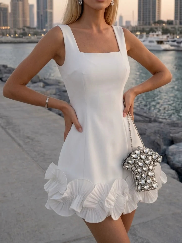 A-Line/Princess Square Collar Stretch Satin Homecoming Dresses Ruffles Sleeveless Short/Mini