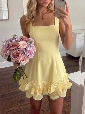 A-Line/Princess Square Collar Stretch Satin Homecoming Dresses Ruffles Sleeveless Short/Mini