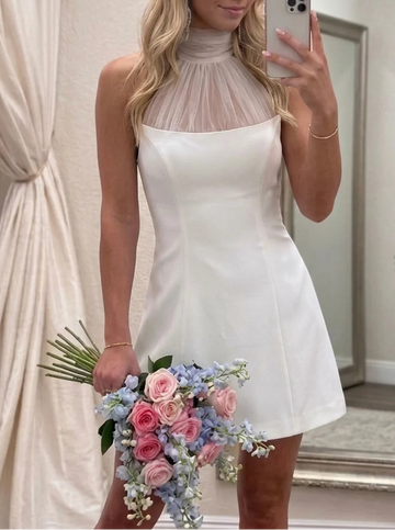 A-Line/Princess Halter Stretch Satin Homecoming Dresses Tulle Sleeveless Short/Mini