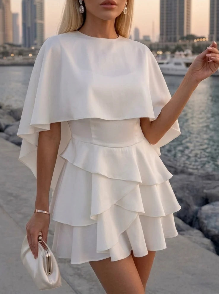 A-Line/Princess Scoop Silk Satin Homecoming Dresses Ruffles Cape Sleeves Short/Mini