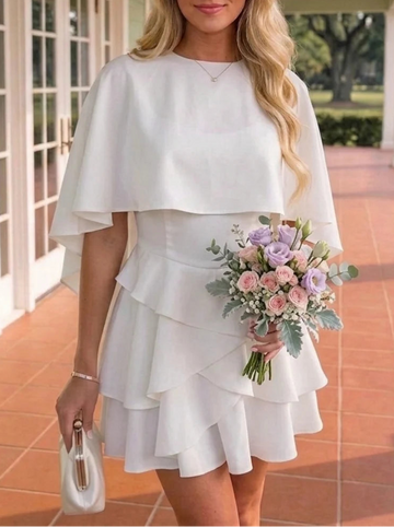 A-Line/Princess Scoop Silk Satin Homecoming Dresses Ruffles Cape Sleeves Short/Mini
