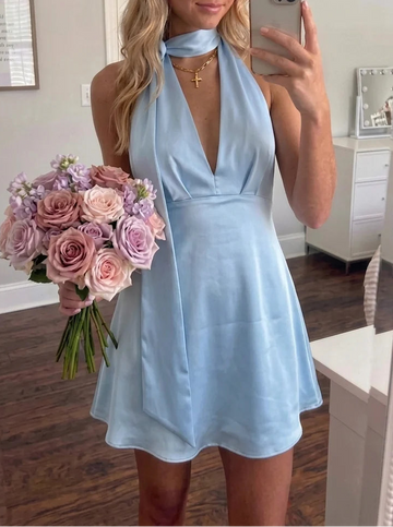 A-Line/Princess Halter Silk Satin Homecoming Dresses Sleeveless Short/Mini Deep V-Neck