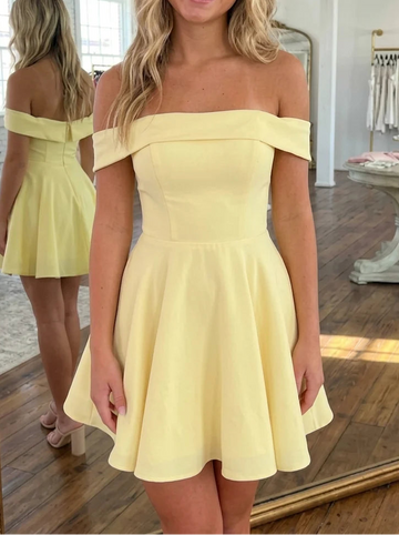 A-Line/Princess Off-the-Shoulder Stretch Satin Homecoming Dresses Sleeveless Short/Mini
