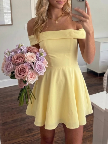 A-Line/Princess Off-the-Shoulder Stretch Satin Homecoming Dresses Sleeveless Short/Mini