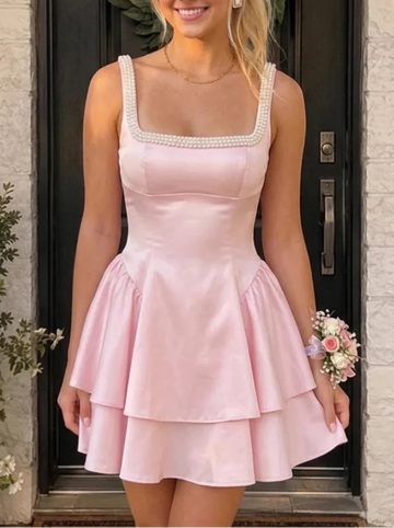 A-Line/Princess Square Collar Stretch Satin Homecoming Dresses Ruffles Sleeveless Short/Mini Pearl Beading