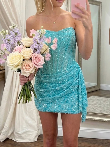 Sheath/Column Strapless Sequins Homecoming Dresses Sleeveless Short/Mini Ruched Ruffles
