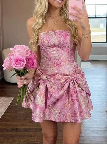 A-Line/Princess Strapless Jacquard Homecoming Dresses Sleeveless Short/Mini Floral Bowknot