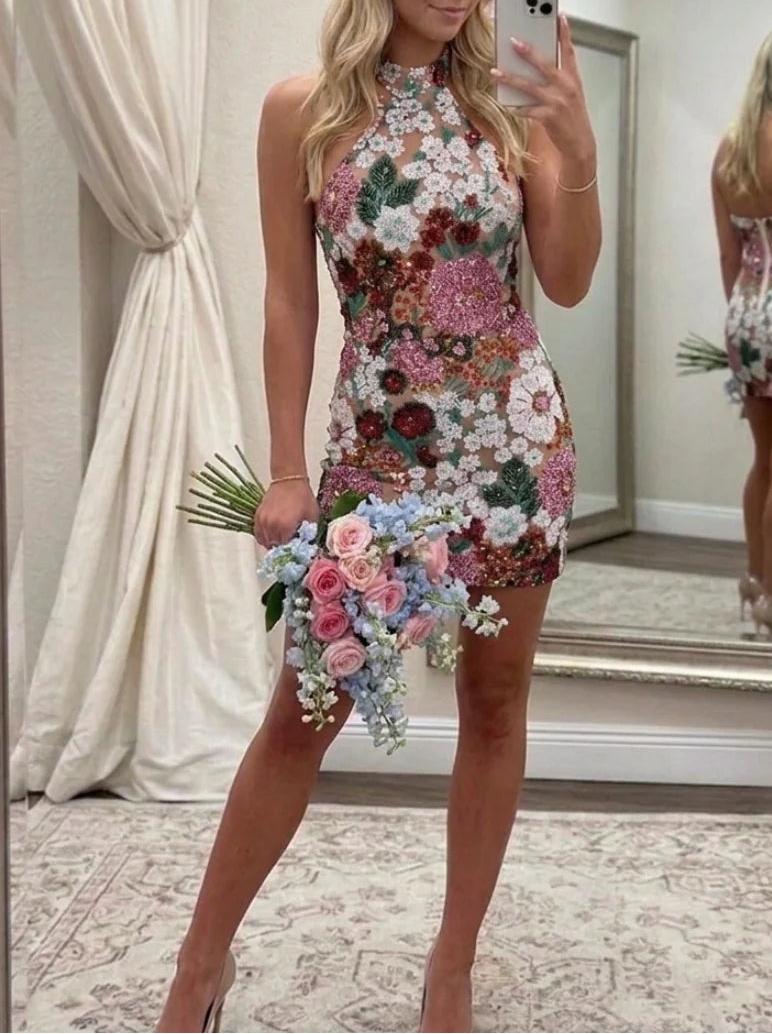Sheath/Column Halter Sequins Homecoming Dresses Short/Mini Sleeveless Floral