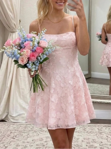 A-Line/Princess Spaghetti Straps Chiffon Floral Homecoming Dresses Sleeveless Short/Mini