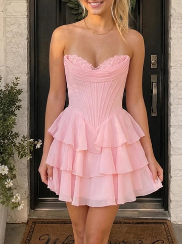 A-Line/Princess Strapless Chiffon Homecoming Dresses Sleeveless Short/Mini Ruffles