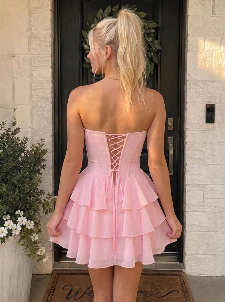 A-Line/Princess Strapless Chiffon Homecoming Dresses Sleeveless Short/Mini Ruffles