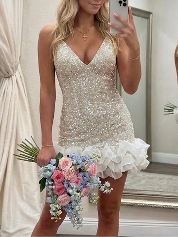 Sheath/Column Deep V-Neck Sequins Homecoming Dresses Sleeveless Short/Mini