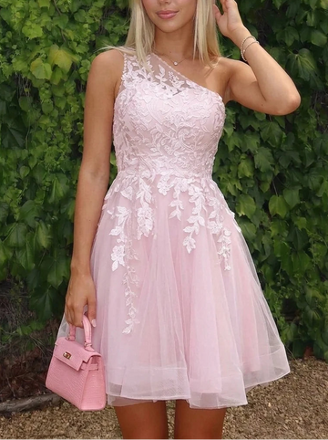A-Line/Princess One-Shoulder Tulle Homecoming Dresses Sleeveless Short/Mini Lace