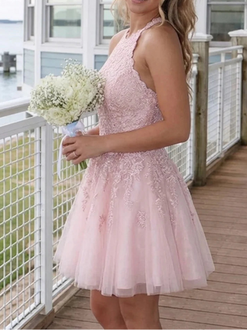 A-Line/Princess Halter Tulle Homecoming Dresses Sleeveless Short/Mini Lace
