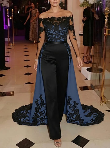 Jumpsuit Off-the-Shoulder Stretch Satin Evening Dresses with Overskirt Lace Long Sleeves Party Dresses
