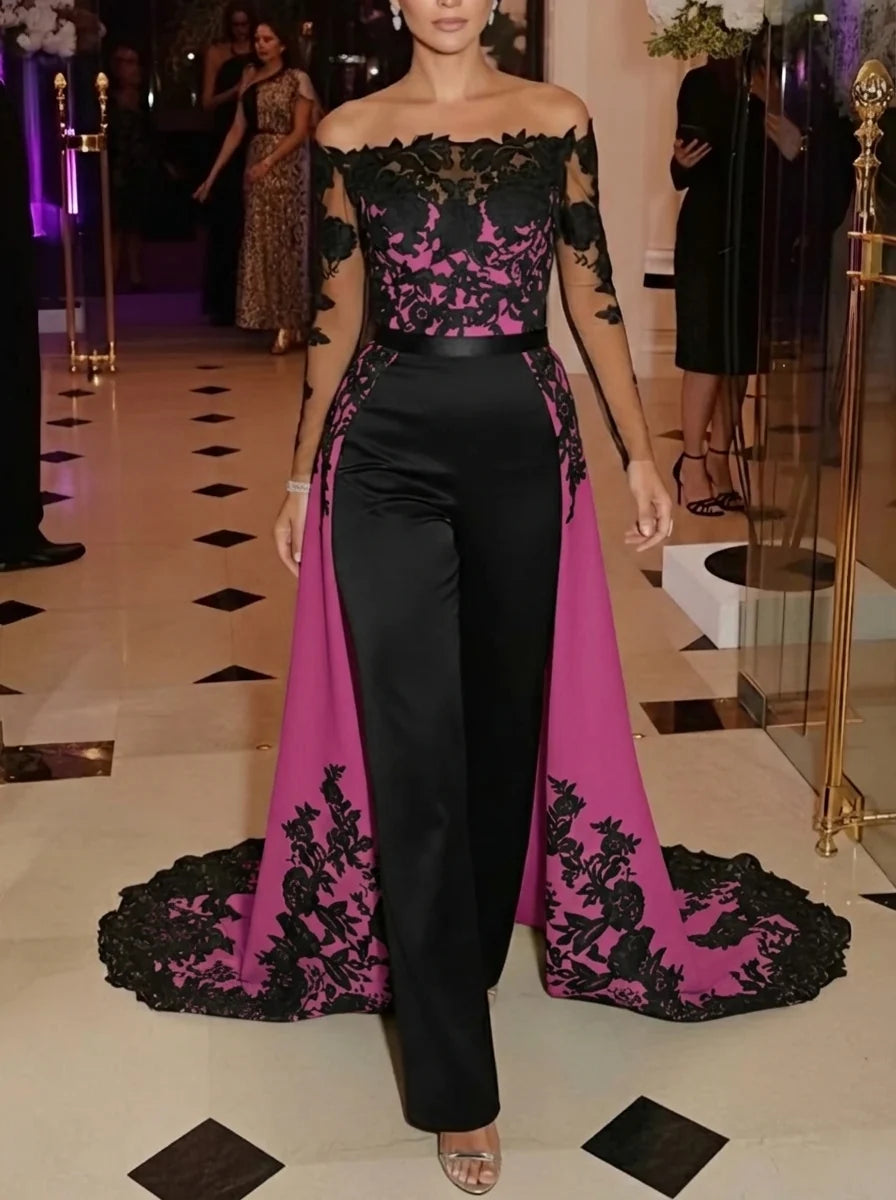 Jumpsuit Off-the-Shoulder Stretch Satin Evening Dresses with Overskirt Lace Long Sleeves Party Dresses