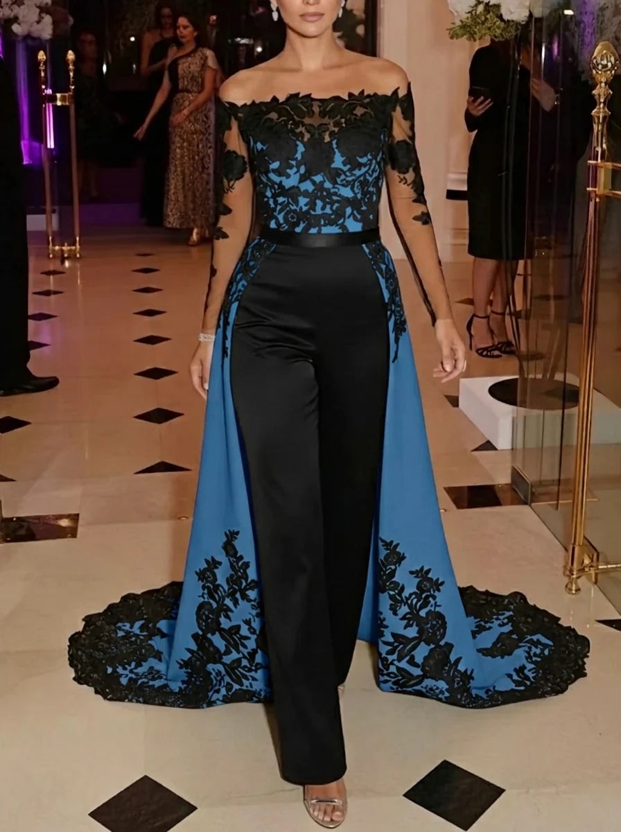 Jumpsuit Off-the-Shoulder Stretch Satin Evening Dresses with Overskirt Lace Long Sleeves Party Dresses