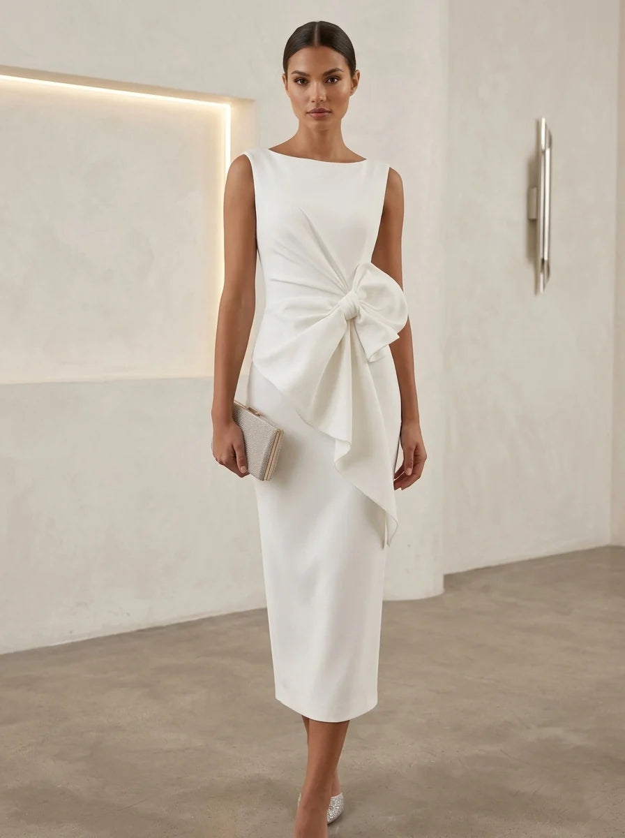 Sheath/Column Boat Neck Stretch Satin Cocktail Dresses Tea-Length Sleeveless Little White Dresses Bowknot Party Dresses