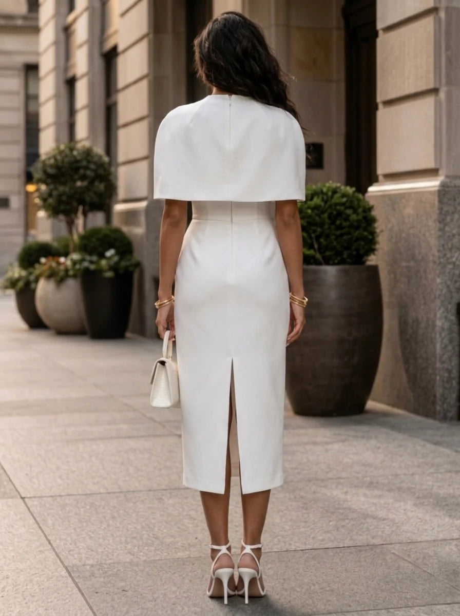 Sheath/Column Mock Neck Stretch Satin Cocktail Dresses Tea-Length Detachable Cape Sleeves Little White Dresses Party Dresses