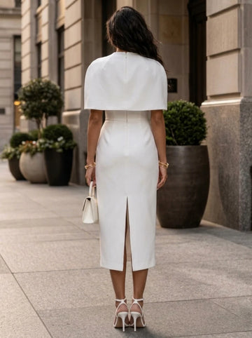 Sheath/Column Mock Neck Stretch Satin Cocktail Dresses Tea-Length Detachable Cape Sleeves Little White Dresses Party Dresses