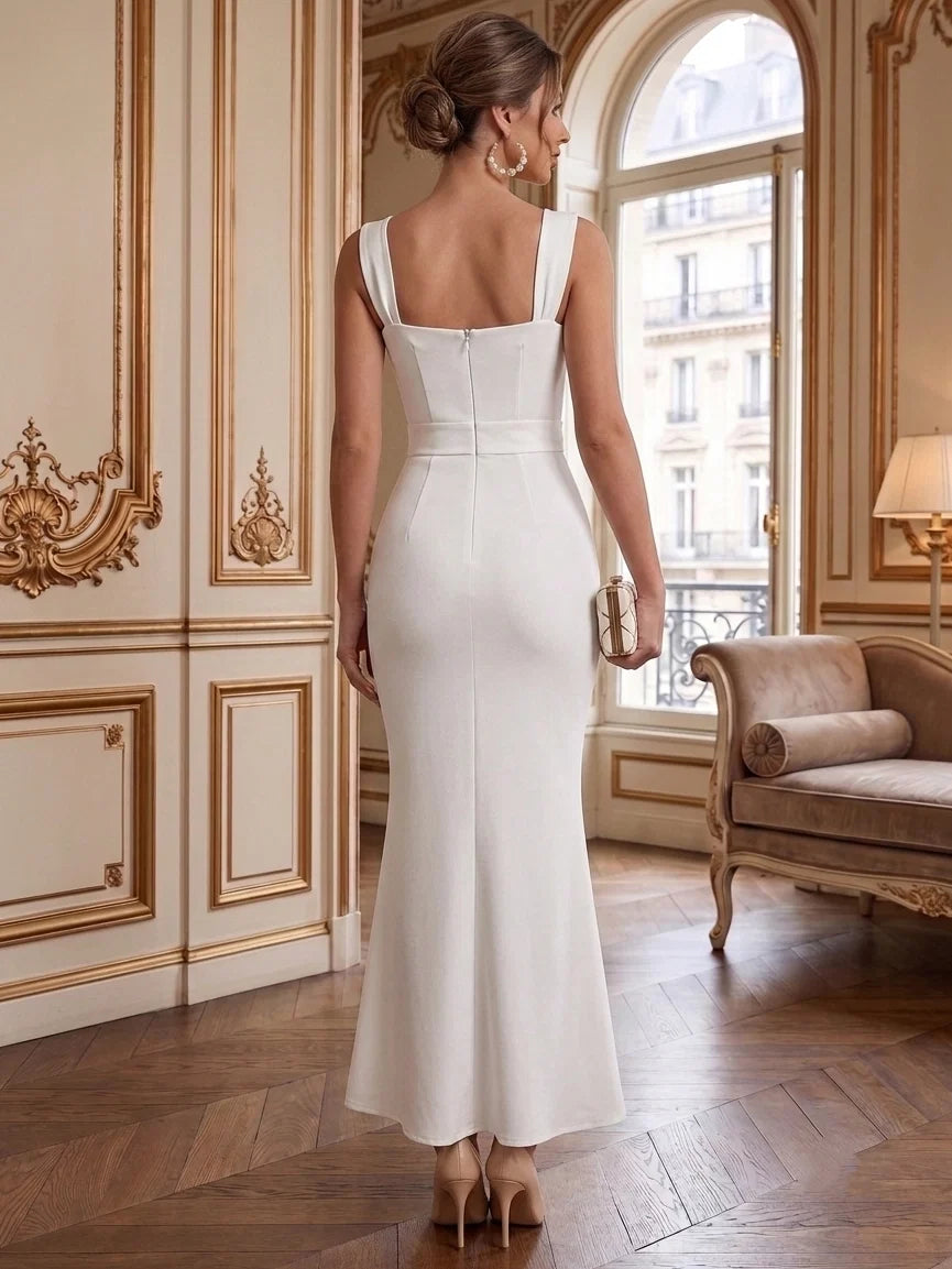 Sheath/Column Square Neck Stretch Satin Cocktail Dresses with Bowknot Sleeveless Tea-Length Lace Formal Dresses