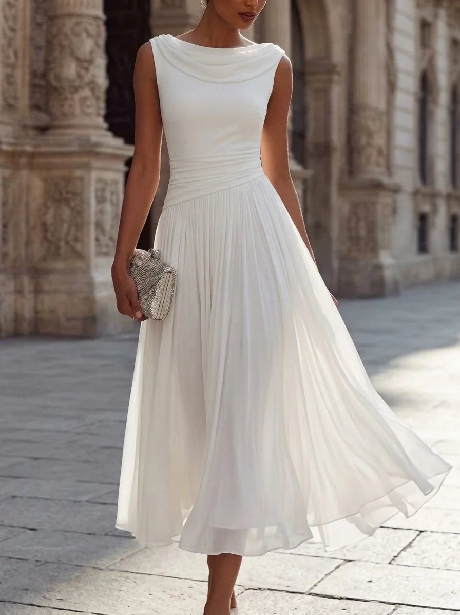 A-Line/Princess Boat Neck Chiffon Cocktail Dresses Sleeveless Tea-Length Pleated Little White Dresses Ruched Party Dresses