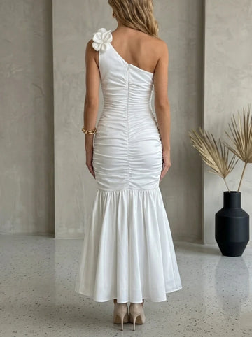 Trumpet/Mermaid One-Shoulder Cocktail Dresses with 3D Flower Ankle-Length Little White Dresses