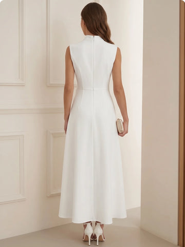 A-Line/Princess Mock Neck Stretch Satin Cocktail Dresses Ankle-Length Sleeveless Little White Dresses Party Dresses Bowknot