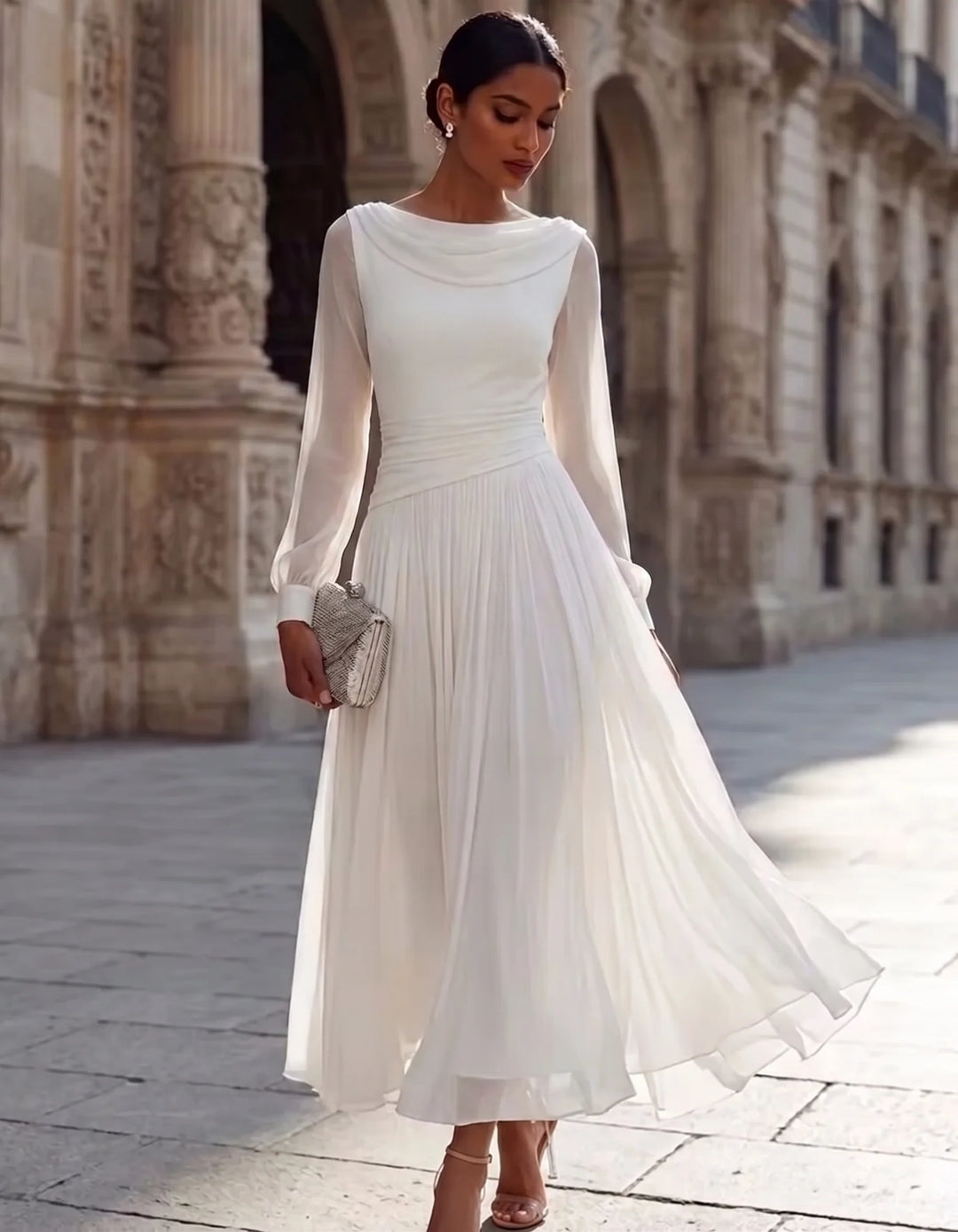A-Line/Princess Boat Neck Chiffon Cocktail Dresses Long Sleeves Tea-Length Pleated Little White Dresses Ruched Party Dresses