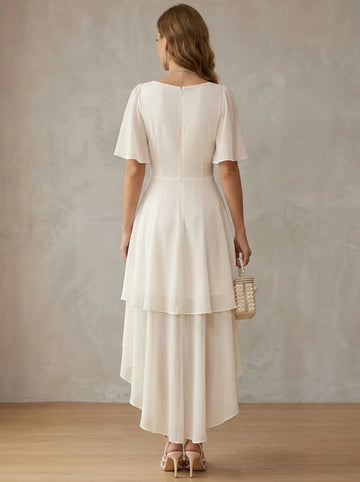 A-Line/Princess Scoop Chiffon Cocktail Dresses Short Sleeves High-Low Tea-Length Little White Dresses Ruffles Party Dresses