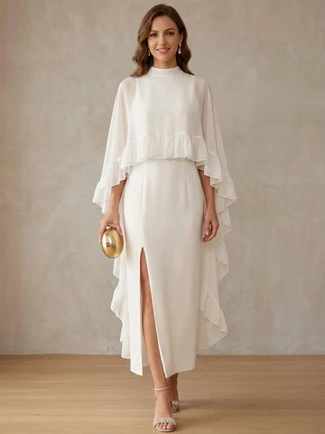 2 Pieces Sheath/Column Mock Neck Chiffon Cocktail Dresses with Cape 3/4 Sleeves Split Side Ankle-Length Little White Dresses Ruffles Party Dresses
