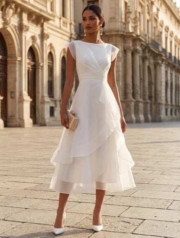 A-Line/Princess Boat Neck Cocktail Dresses Organza Tea-Length Cap Sleeves Little White Dresses Ruffles Party Dresses