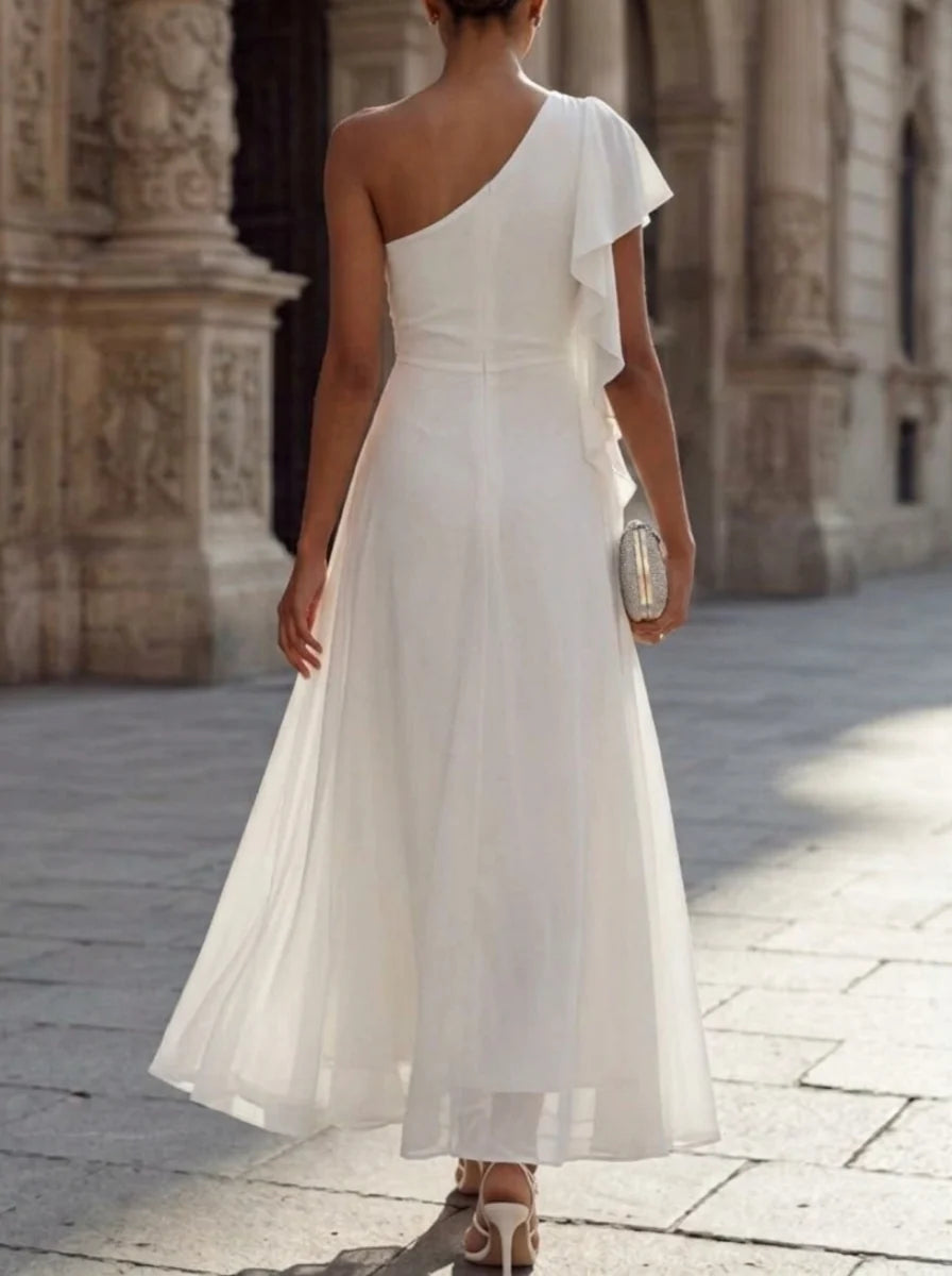 A-Line/Princess One-Shoulder Chiffon Cocktail Dresses Sleeveless Ankle-Length Little White Dresses Ruffles Party Dresses