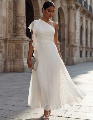 A-Line/Princess One-Shoulder Chiffon Cocktail Dresses Sleeveless Ankle-Length Little White Dresses Ruffles Party Dresses