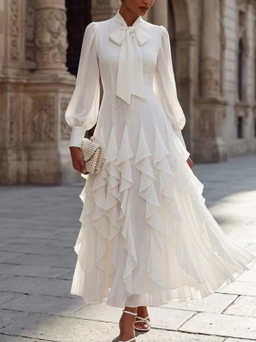 A-Line/Princess Bowknot Neck Chiffon Cocktail Dresses Long Sleeves Ankle-Length Little White Dresses Ruffles Party Dresses