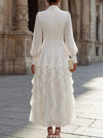 A-Line/Princess Bowknot Neck Chiffon Cocktail Dresses Long Sleeves Ankle-Length Little White Dresses Ruffles Party Dresses