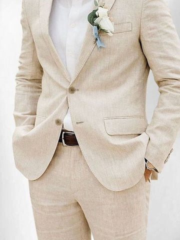 Men's Tailored Fit Single Breasted Two-buttons 2 Pieces Solid Colored Linen Suits