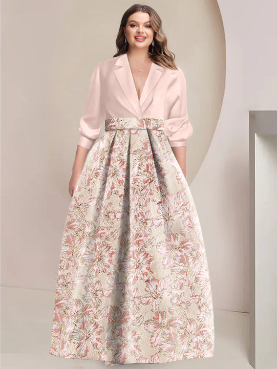 A-Line/Princess Shirt Collar 3/4 Sleeves Printed Flower Plus Size Mother of the Bride & Groom Dresses