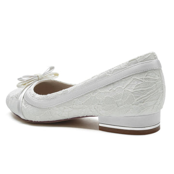 Women's Wedding Shoes Silk Satin Lace Bow Low Heel Closed Toe Bridal Shoes