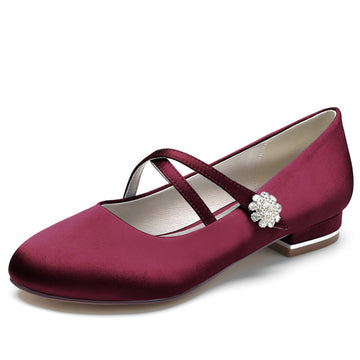 Women's Wedding Shoes Silk Satin Rhinestone Low Closed Toe Buckle Mary Jane Bridal Shoes