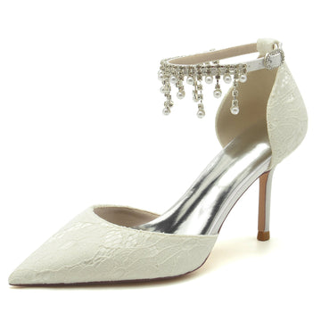Women's Wedding Shoes Pearl Lace Stiletto Pointed Toe Ankle Strap Bridal Shoes
