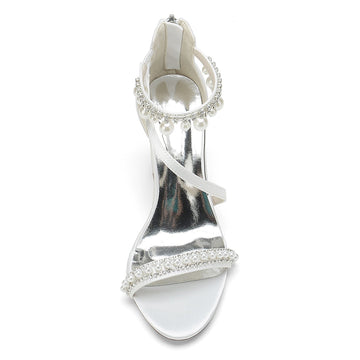 Women's Wedding Shoes Opened Toe Chunky Heel Rhinestone Pearl Buckle Bridal Shoes