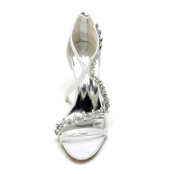 Women's Wedding Shoes White Crossed Rhinestone Open Toe Chunky Heel Bridal Shoes