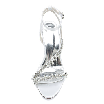 Women's Wedding Shoes White Strappy Rhinestone Opened Toe Block Heel Bridal Shoes