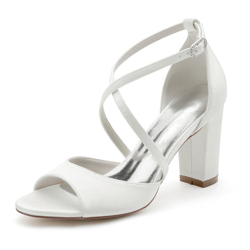 Women's Wedding Shoes Crossed Strappy Chunky Peep Toe Buckle Minimalist Bridal Shoes