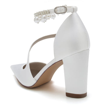 Women's Wedding Shoes White Pearl Block Pointed Toe Buckle Bridal Shoes