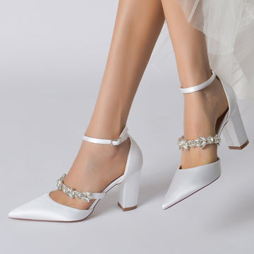 Women's Wedding Rhinestone Block Heel Pointed Toe Bridal Shoes