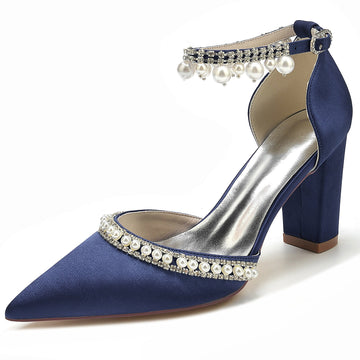 Women's Wedding Rhinestone Pearl Block Heel Pointed Toe Buckle Bridal Shoes