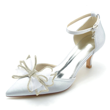 Women's Wedding Shoes Silk Satin Bow Mid Closed Toe Buckle Bridal Shoes